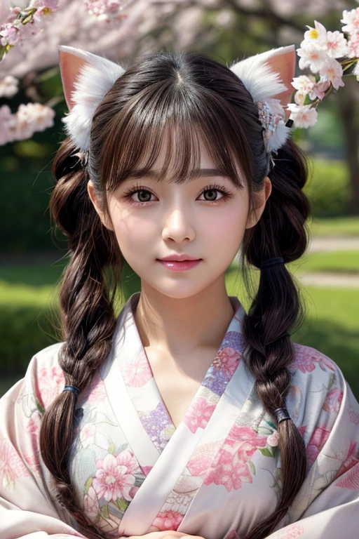 ((Highest quality、masterpiece、8K))、Anatomically correct、Very detailed、High resolution、Realistic、Beautiful white skin、Beautiful, bright, almond-shaped, detailed eyes、Well-formed nose bridge、Intricate details、Sakura pattern kimono、、Twin tails、Cat hair accessories