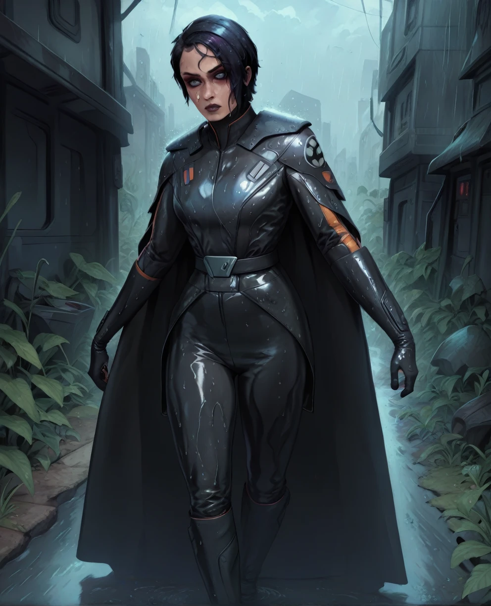 score_9,score_8_up,score_7_up,score_6_up, Black woman sabine wren ,,black hair, FULL body, wet, armor,gloves,black bodysuit,black cape,belt,rain, science fiction,sith base, star wars, outdoors, rain, solo,fflixbag wearing armor sabine wren
