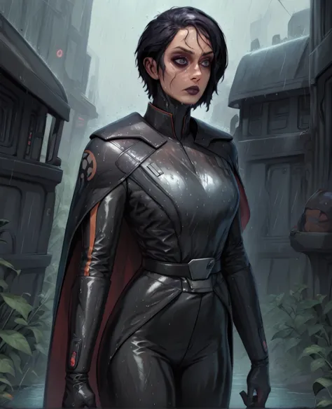 score_9,score_8_up,score_7_up,score_6_up, Black woman sabine wren ,,black hair, FULL body, wet, armor,gloves,black bodysuit,blac...