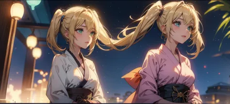 layla , kimono night in firework , blonde hair, pigtailed haired , long hair , green eyes