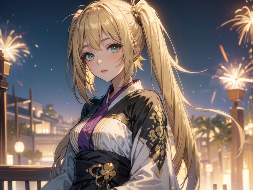 Layla , kimono night in firework , blonde hair, pigtailed haired , long hair , green eyes