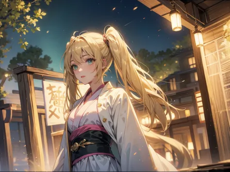 layla , kimono night in firework , blonde hair, pigtailed haired , long hair , green eyes