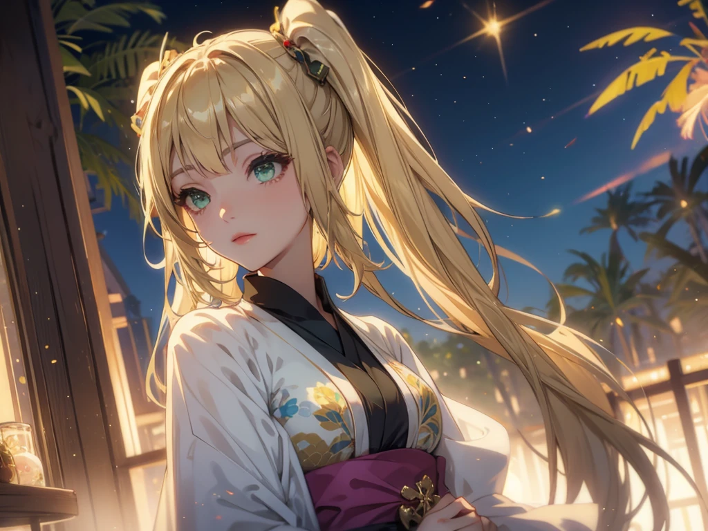 Layla , kimono night in firework , blonde hair, pigtailed haired , long hair , green eyes