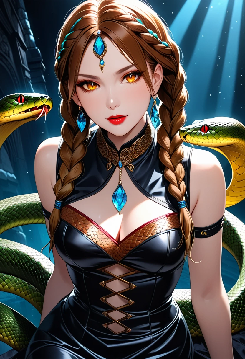 arte de fantasia sombria  (2braids thar become cobra vivas: 1.5) de uma linda mulher, olhos reptilianos, pele pálida, tendo tranças de cobra gêmeas, ((only two braids made from cobra vivas: 1.3)) cada trança uma cobra saindo da cabeça da mulher, cobra viva, cobra sibilante,  na cabeça da mulher, ela usa um vestido de couro intrincado, vestido de cor dinâmica,  Botas de salto alto, fundo de bar moderno,  Faixa Dinâmica, vibrante, Resolução ultra-alta, Alto contraste, (obra de arte:1.5), mais alta qualidade, melhor estética), melhores detalhes, melhor qualidade, alta resolução, ultra grande angular, 16k, [ultra detalhado], obra de arte, melhor qualidade, (extremamente detalhado), cabelo de cobra, sn4k3h41r, cabelo de cobra, romance sombrio