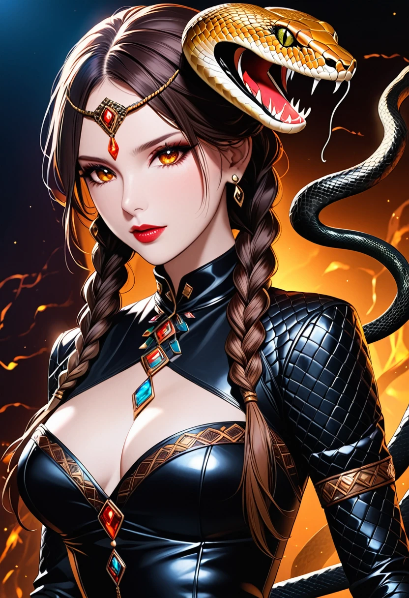 arte de fantasia sombria  (2braids thar become cobra vivas: 1.5) de uma linda mulher, olhos reptilianos, pele pálida, tendo tranças de cobra gêmeas, ((only two braids made from cobra vivas: 1.3)) cada trança uma cobra saindo da cabeça da mulher, cobra viva, cobra sibilante,  na cabeça da mulher, ela usa um vestido de couro intrincado, vestido de cor dinâmica,  Botas de salto alto, fundo de bar moderno,  Faixa Dinâmica, vibrante, Resolução ultra-alta, Alto contraste, (obra de arte:1.5), mais alta qualidade, melhor estética), melhores detalhes, melhor qualidade, alta resolução, ultra grande angular, 16k, [ultra detalhado], obra de arte, melhor qualidade, (extremamente detalhado), cabelo de cobra, sn4k3h41r, cabelo de cobra, romance sombrio