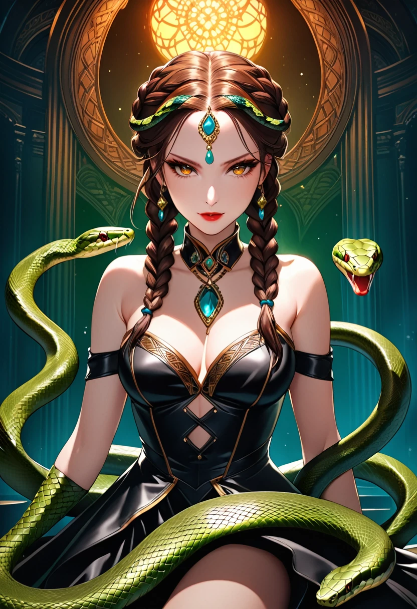 arte de fantasia sombria  (2braids thar become cobra vivas: 1.5) de uma linda mulher, olhos reptilianos, pele pálida, tendo tranças de cobra gêmeas, ((only two braids made from cobra vivas: 1.3)) cada trança uma cobra saindo da cabeça da mulher, cobra viva, cobra sibilante,  na cabeça da mulher, ela usa um vestido de couro intrincado, vestido de cor dinâmica,  Botas de salto alto, fundo de bar moderno,  Faixa Dinâmica, vibrante, Resolução ultra-alta, Alto contraste, (obra de arte:1.5), mais alta qualidade, melhor estética), melhores detalhes, melhor qualidade, alta resolução, ultra grande angular, 16k, [ultra detalhado], obra de arte, melhor qualidade, (extremamente detalhado), cabelo de cobra, sn4k3h41r, cabelo de cobra, romance sombrio