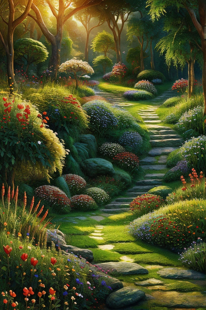 intricate,intertwining snakes,slithering through a field of red,white and golden flowers,highly detailed,photorealistic,dramatic lighting,vibrant colors,lush foliage,ethereal atmosphere,wildlife,nature,fantasy,magical realism,mesmerizing,hypnotic movement,seamless composition,award winning digital art