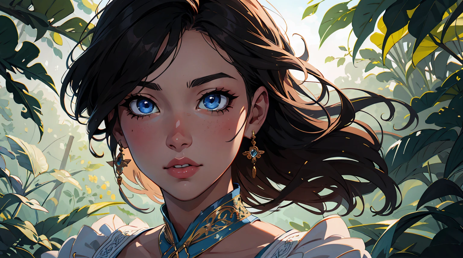 beautiful detailed eyes, beautiful detailed lips, extremely detailed eyes and face, long eyelashes, 1 girl, original character, digital painting, masterpiece, photorealistic, high quality, ethereal, soft lighting, dynamic pose, elegant, serene expression, detailed facial features, intricate hairstyle, flowing fabric, detailed background, lush foliage, dreamy, cinematic composition, vibrant colors, dramatic lighting