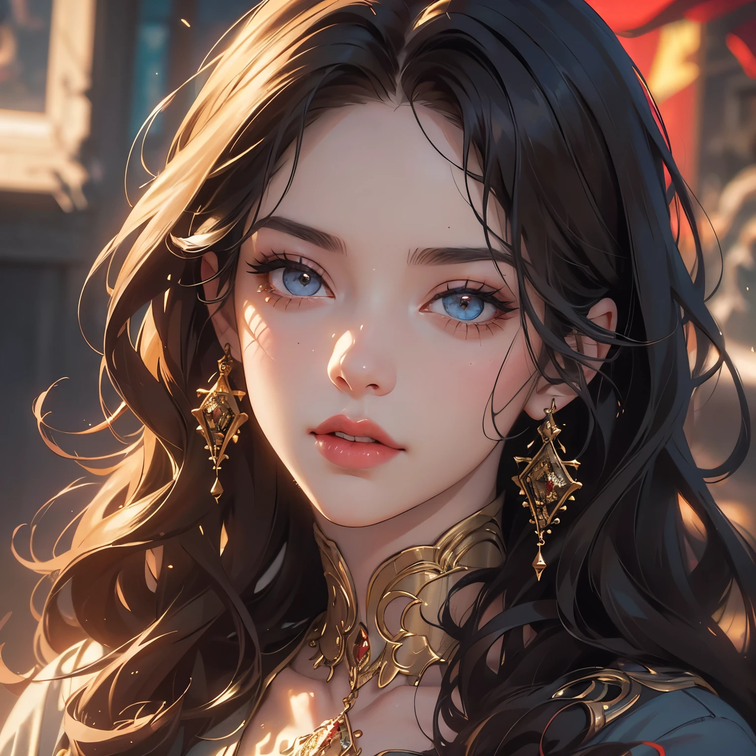 woman, clear skin, detailed eyes, pretty lashes, pretty dark red lipgloss, summerdress, halfbody,a intricate jewelry, sparkling hair,, beautiful detailed eyes, beautiful detailed lips, extremely detailed face, long eyelashes, (best quality,4k,8k,highres,masterpiece:1.2),ultra-detailed,(realistic,photorealistic,photo-realistic:1.37),professional,vivid colors,dramatic lighting,cinematic composition,elegant portraiture, gold hair,, Clear Theme, Perfect Composition Ratio, Masterpiece, Best Quality, 4K, Sharp Focus. Better Hand, Perfect Anatomy. by AYMSHANK,Julia Razumova's and style of Carne Griffiths
