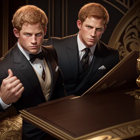 lustration in Leyendecker style : Muscular and pumped-up Prince Harry as James Bond , Agent 007, in an expensive suit