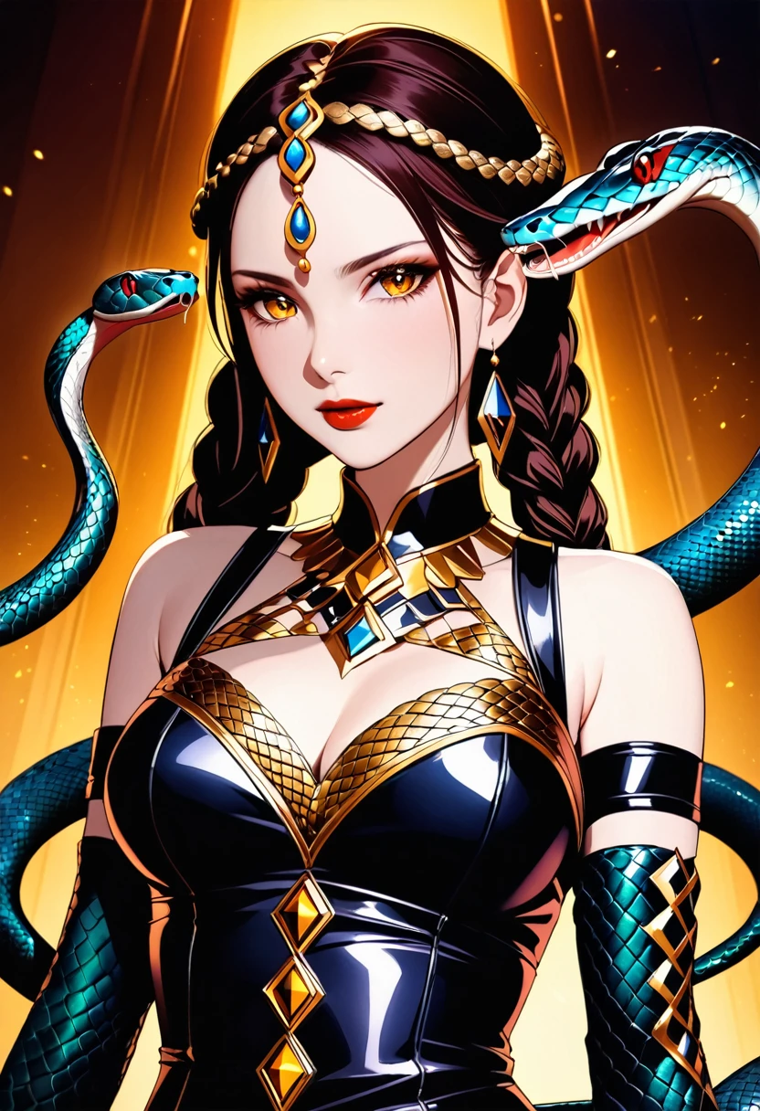 arte de fantasia sombria  (2braids thar become cobra vivas: 1.5) de uma linda mulher, olhos reptilianos, pele pálida, tendo tranças de cobra gêmeas, ((only two braids made from cobra vivas: 1.3)) cada trança uma cobra saindo da cabeça da mulher, cobra viva, cobra sibilante,  na cabeça da mulher, ela usa um vestido de couro intrincado, vestido de cor dinâmica,  Botas de salto alto, fundo de bar moderno,  Faixa Dinâmica, vibrante, Resolução ultra-alta, Alto contraste, (obra de arte:1.5), mais alta qualidade, melhor estética), melhores detalhes, melhor qualidade, alta resolução, ultra grande angular, 16k, [ultra detalhado], obra de arte, melhor qualidade, (extremamente detalhado), cabelo de cobra, sn4k3h41r, cabelo de cobra, romance sombrio