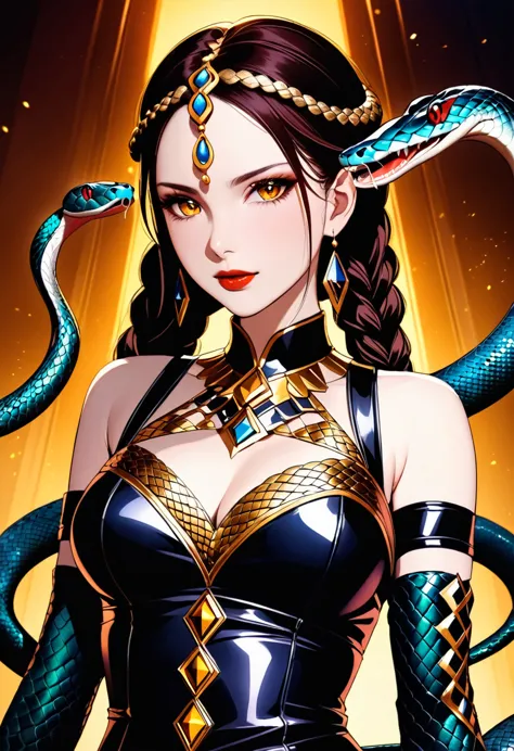 dark fantasy art  (2braids thar become living snakes: 1.5) of a beautiful woman, reptilian eyes, pale skin, having twin snake br...