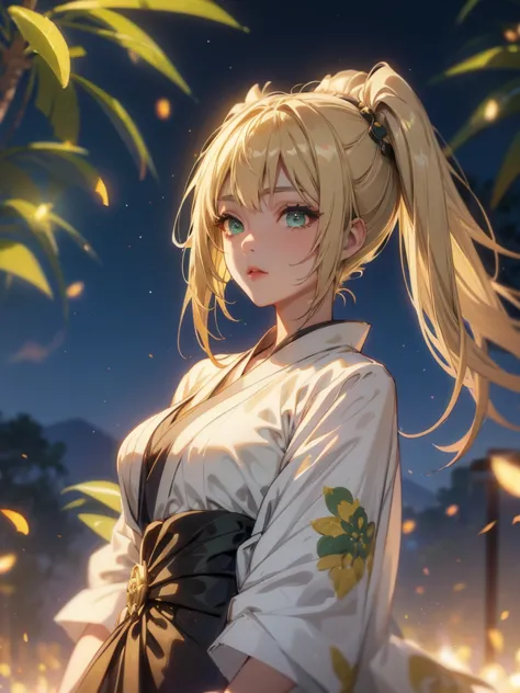 layla , kimono night in firework , blonde hair, pigtailed haired , long hair , green eyes