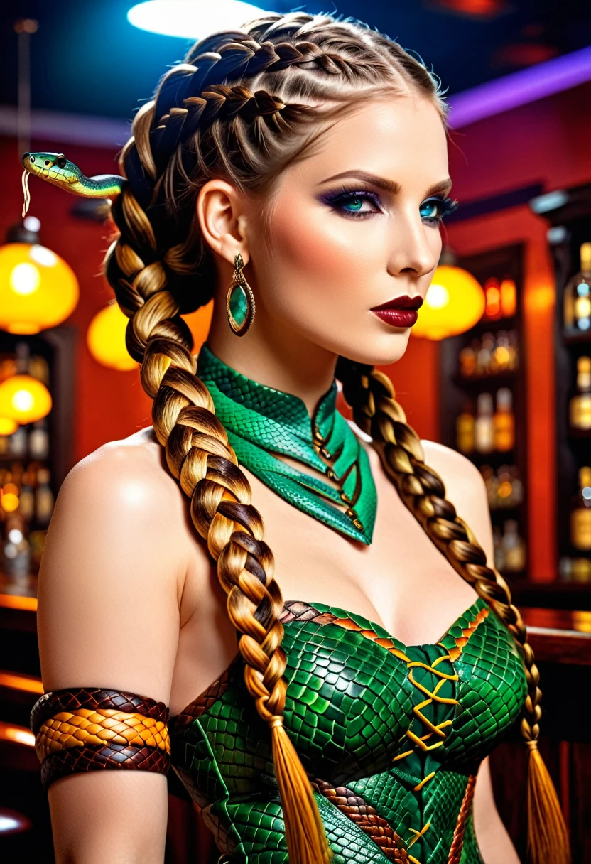 arte de fantasia sombria (2braids thar become cobra vivas: 1.5) de uma linda mulher, olhos reptilianos, pele pálida, tendo tranças de cobra gêmeas, ((only two braids made from cobra vivas: 1.3)) cada trança uma cobra saindo da cabeça da mulher, cobra viva, cobra sibilante, na cabeça da mulher, ela usa um vestido de couro intrincado, vestido de cor dinâmica, Botas de salto alto, fundo de bar moderno, Faixa Dinâmica, vibrante, Resolução ultra-alta, Alto contraste, (obra de arte:1.5), mais alta qualidade, melhor estética), melhores detalhes, melhor qualidade, alta resolução, ultra grande angular, 16k, [ultra detalhado], obra de arte, melhor qualidade, (extremamente detalhado), cabelo de cobra, sn4k3h41r, cabelo de cobra,