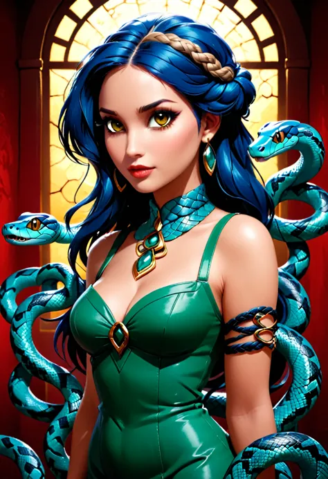 dark fantasy art  (2braids thar become living snakes: 1.5) ((2 identical braids that become snakes: 1.5))of a beautiful woman, r...