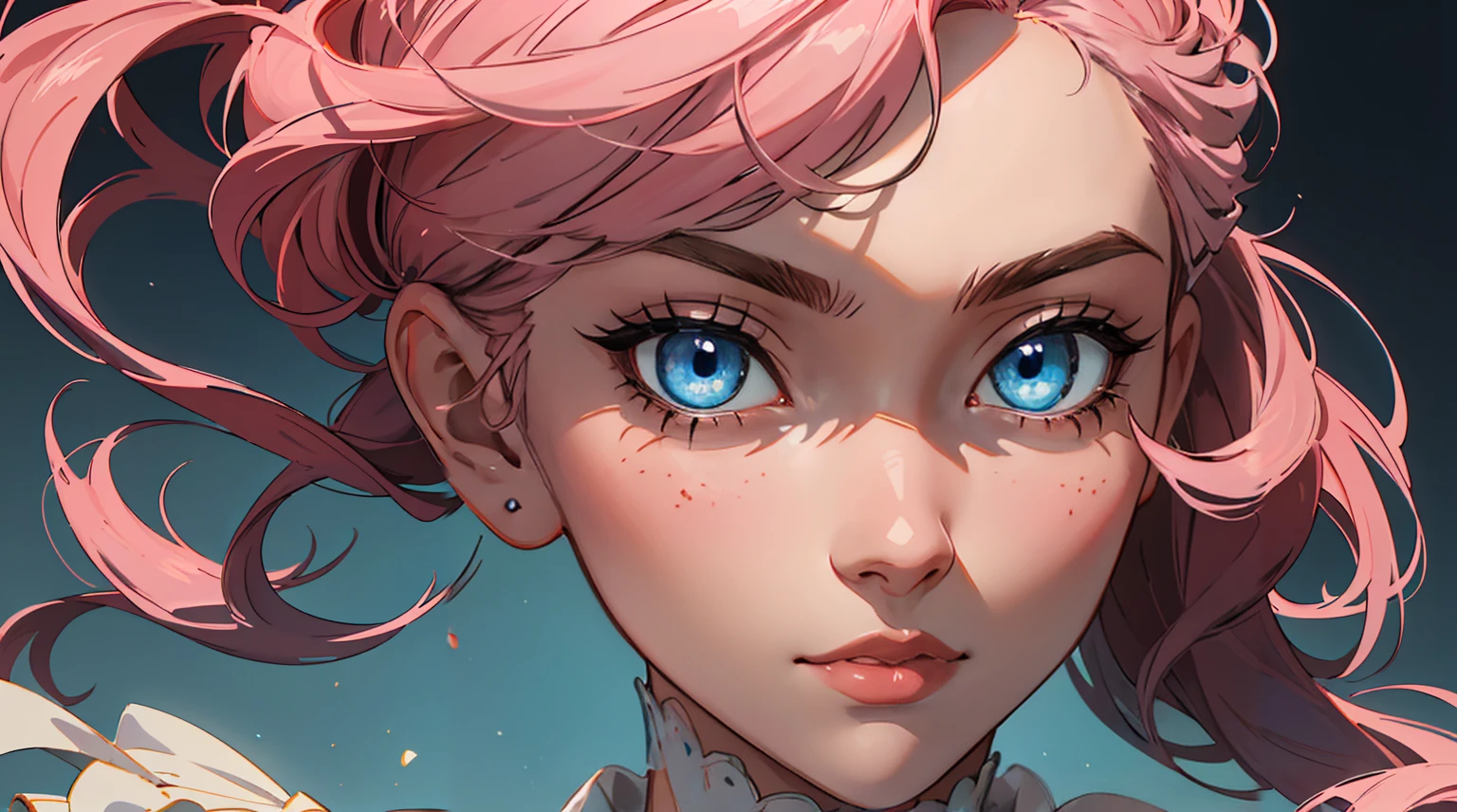 (a young girl with antique style,intricate details, delicate features, beautiful pink hair, striking blue eyes, large expressive eyes, highly detailed, masterpiece, photorealistic, 8K, cinematic lighting, vibrant colors, elegant Victorian era style, soft pastel palette)