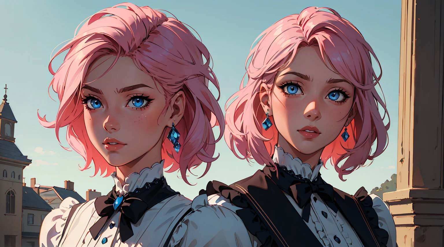 (a young girl with antique style,intricate details, delicate features, beautiful pink hair, striking blue eyes, large expressive eyes, highly detailed, masterpiece, photorealistic, 8K, cinematic lighting, vibrant colors, elegant Victorian era style, soft pastel palette)