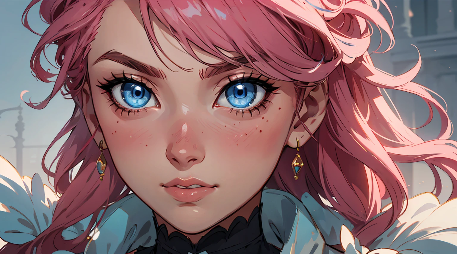 (a young girl with antique style,intricate details, delicate features, beautiful pink hair, striking blue eyes, large expressive eyes, highly detailed, masterpiece, photorealistic, 8K, cinematic lighting, vibrant colors, elegant Victorian era style, soft pastel palette)