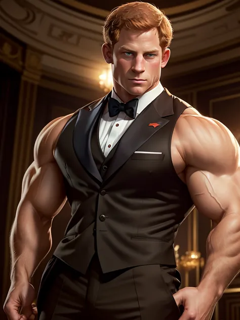 lustration in Leyendecker style : Muscular and pumped-up Prince Harry as James Bond , Agent 007, in an expensive suit