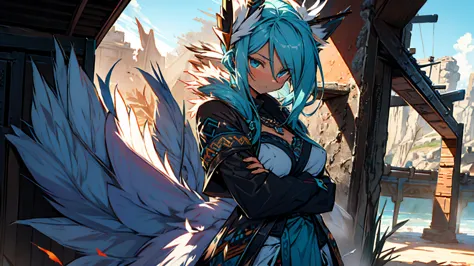 Miku Hatsune x Aloy Forbidden Horizon Dragon West Armor Tenack, add high definition_detail:1, blue fur,kitsune ears, tribal tatt...