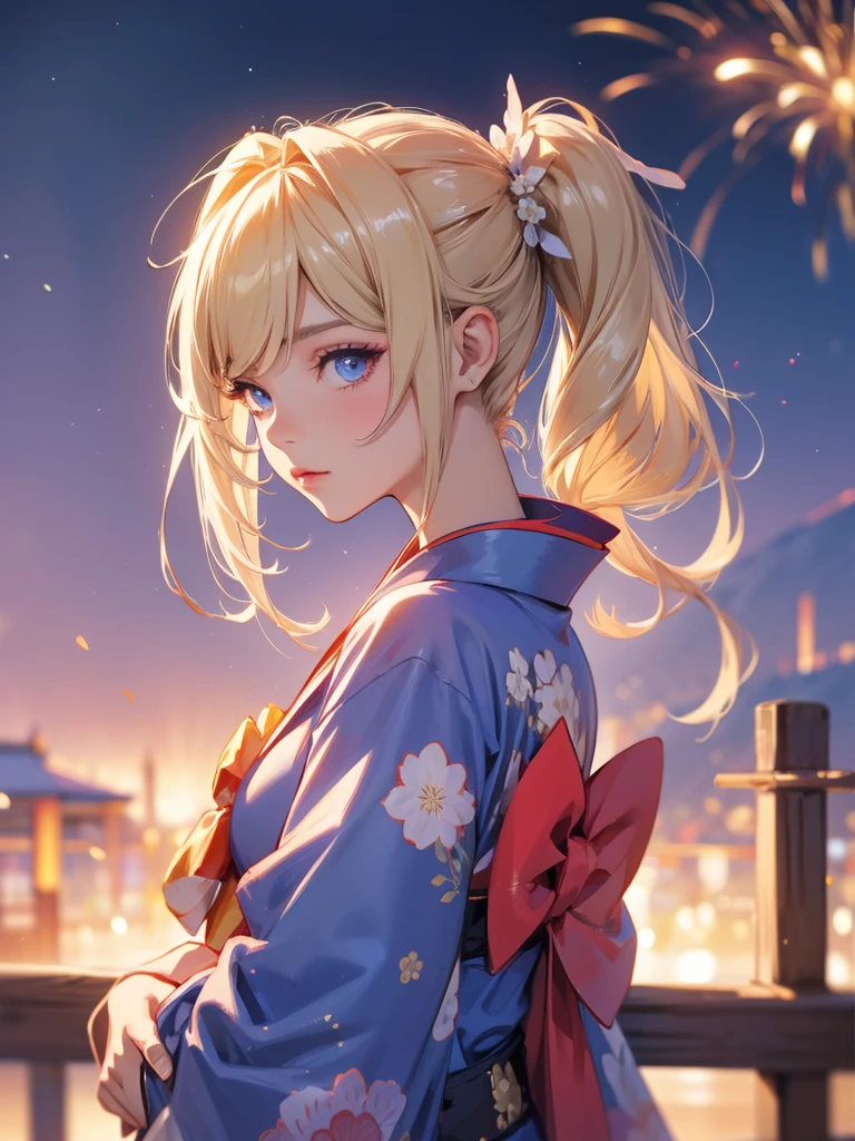 Barbara , kimono night in firework , blonde hair, pigtailed haired , blue eyes