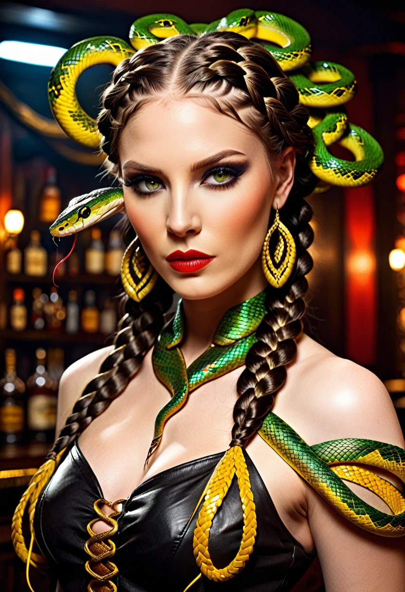 темное фэнтези искусство (2braids thar become живая змеяs: 1.5) красивой женщины, глаза рептилии, бледная кожа, иметь две змеиные косы, ((only two braids made from живая змеяs: 1.3)) каждая заплетка змеи выходит из головы женщины, живая змея, шипящая змея, на голове женщины, она носит замысловатое кожаное платье, динамичное цветное платье, сапоги на высоком каблуке до бедра, современный бар фон, Динамический диапазон, яркий, Сверхвысокое разрешение, высокий контраст, (шедевр:1.5), высшее качество, Лучшая эстетика), лучшие детали, Лучшее качество, Высокое разрешение, ультра широкий угол, 16 тыс., [Ультра подробный], шедевр, Лучшее качество, (чрезвычайно подробный), змеиные волосы, sn4k3h41r, змеиные волосы, 01ш