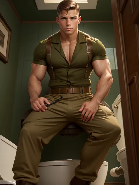 llustration in Leyendecker style : Dan Rockwell is a military man with his pants down , sitting on the toilet , and shitting in ...
