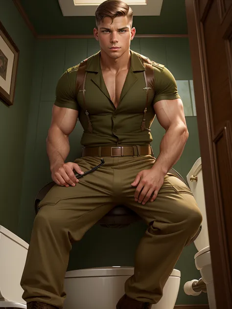 llustration in leyendecker style : dan rockwell is a military man with his pants down , sitting on the toilet , and shitting in ...