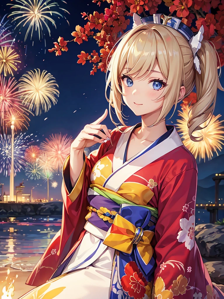 Bárbara , noche de kimono en fuegos artificiales , pelo rubio, pelo trenzado , blue eyes