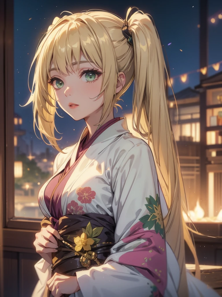 Layla , kimono night in firework , blonde hair, pigtailed haired , long hair , green eyes