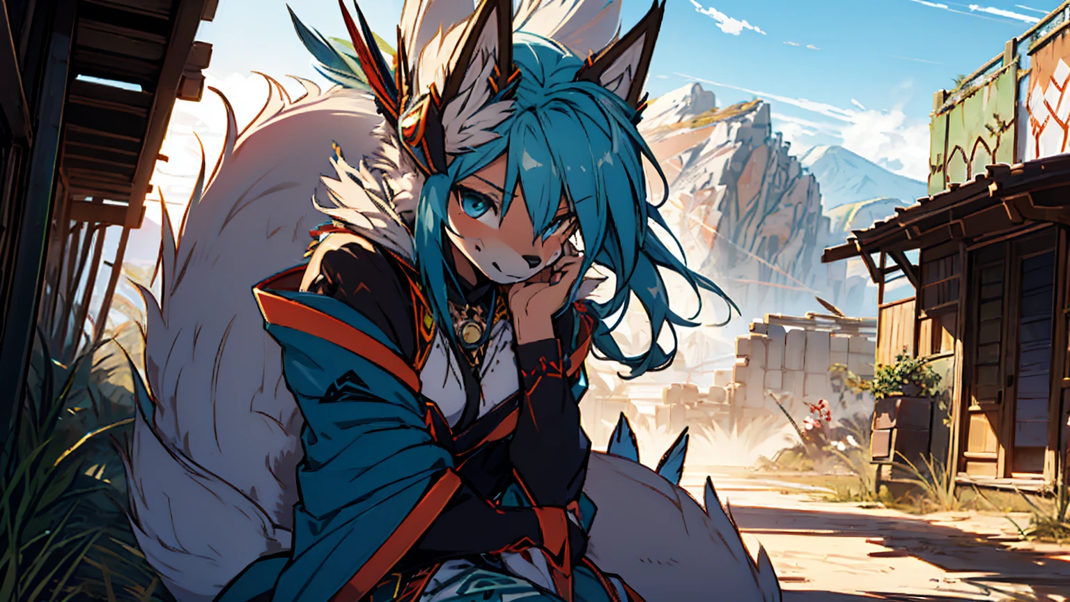 Miku Hatsune (furry) x aloy forbidden horizon dragon west tenack armor, add high definition_detail:1, blue fur,kitsune ears, tribal tattoo add_detail:1, sensual pose against the wall add_details:1, tribal feather necklace, rainbow feather skirt, Tribal feather body decorations in high definition., tribal feather bralette, desert landscape oasis in the background, exhausted girl, perspiration, very hot, intense sun add_detailsl 