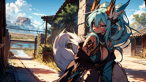 Miku Hatsune (furry) x aloy forbidden horizon dragon west tenack armor, add high definition_detail:1, blue fur,kitsune ears, tri...