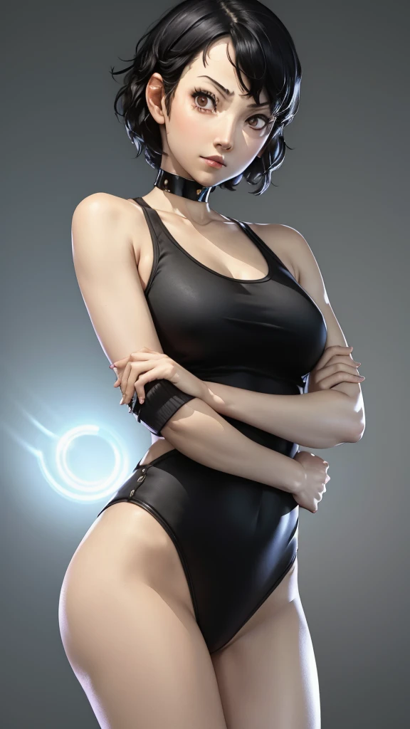 1 girl, very Short hair, black hair, red eyes, lipstick, black choker, portrait, tank top, shigenori soejima style