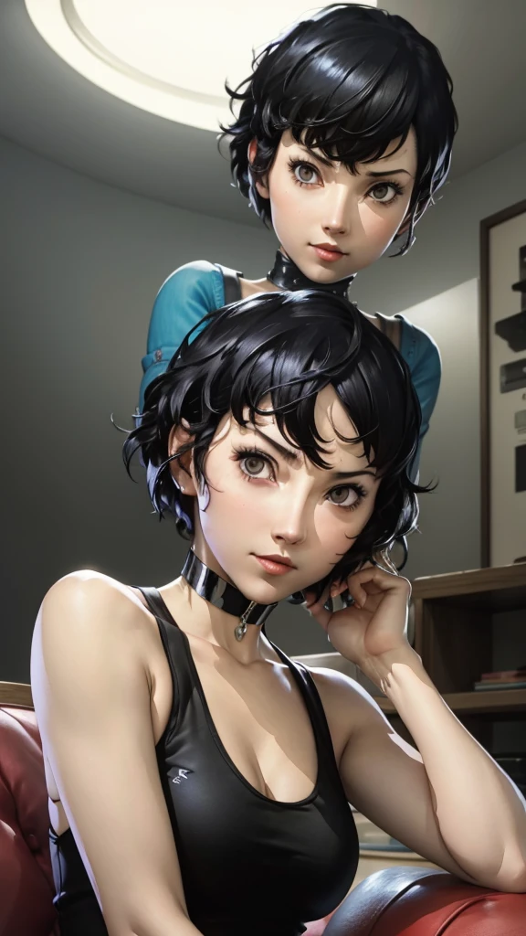 1 girl, very Short hair, black hair, red eyes, lipstick, black choker, portrait, tank top, shigenori soejima style