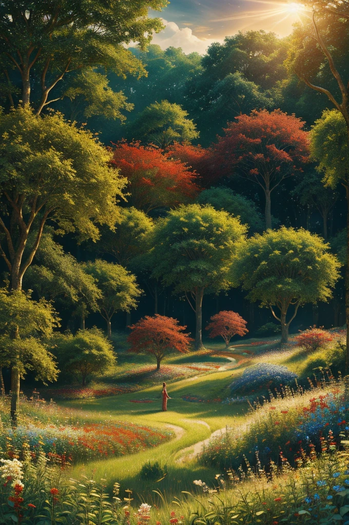 intricate,intertwining,slithering through a field of red, blue, white and golden flowers,highly detailed,photorealistic,dramatic lighting,vibrant colors,lush foliage,ethereal atmosphere,wildlife,nature,fantasy,magical realism,mesmerizing,hypnotic movement,seamless composition,award winning digital art