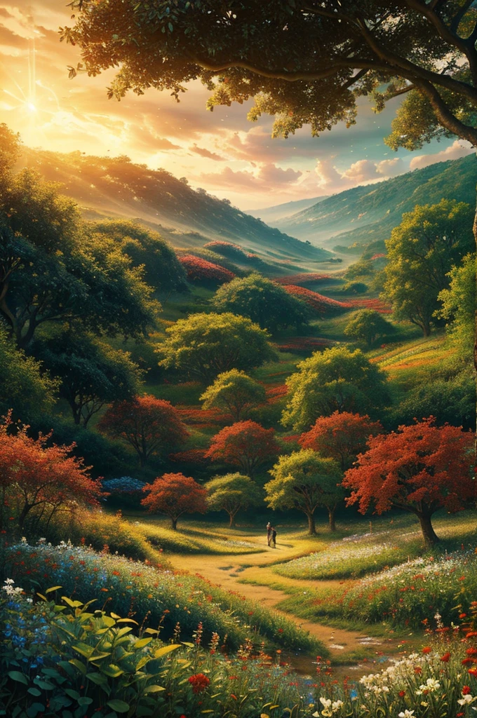 intricate,intertwining,slithering through a field of red, blue, white and golden flowers,highly detailed,photorealistic,dramatic lighting,vibrant colors,lush foliage,ethereal atmosphere,wildlife,nature,fantasy,magical realism,mesmerizing,hypnotic movement,seamless composition,award winning digital art