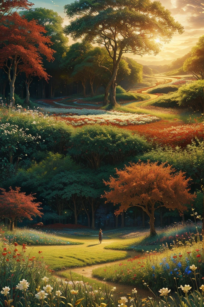 intricate,intertwining,slithering through a field of red, blue, white and golden flowers,highly detailed,photorealistic,dramatic lighting,vibrant colors,lush foliage,ethereal atmosphere,wildlife,nature,fantasy,magical realism,mesmerizing,hypnotic movement,seamless composition,award winning digital art