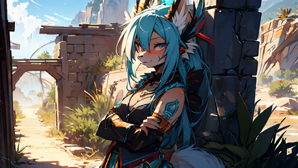 miku hatsune (velu) fourrure bleue, fox girl x aloy horizon interdit dragon west armure tenack, ajouter la haute définition_détail:1, fourrure bleue,oreilles de kitsune, tatouage tribal ajouter_détail:1, pose sensuelle contre le mur ajouter_détails:1, collier de plumes tribales, jupe en plumes arc-en-ciel, Décorations corporelles tribales en plumes en haute définition., bralette à plumes tribales, oasis de paysage désertique en arrière-plan, fille épuisée, transpiration, très chaud, soleil intense ajouter_détailsl 