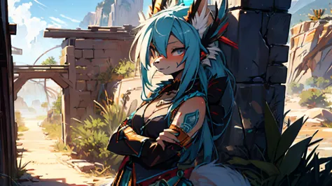 Miku Hatsune (furry) blue fur, fox girl x aloy forbidden horizon dragon west armor tenack, add high definition_detail:1, blue fu...