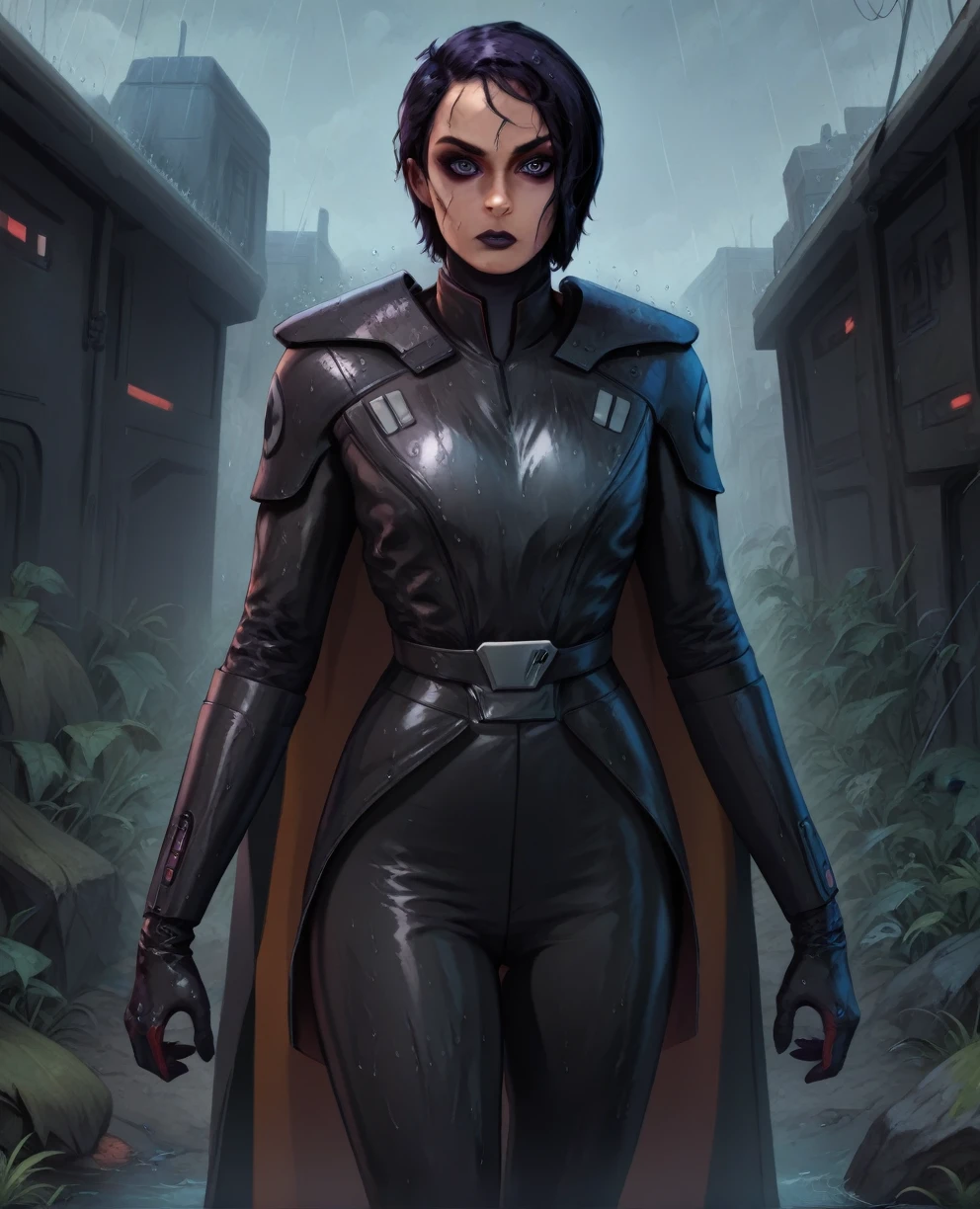 score_9,score_8_up,score_7_up,score_6_up, Black woman sabine wren ,,black hair, FULL body, wet, armor,gloves,black bodysuit,black cape,belt,rain, science fiction,sith base, star wars, outdoors, rain, solo,fflixbag wearing armor sabine wren space_girl
