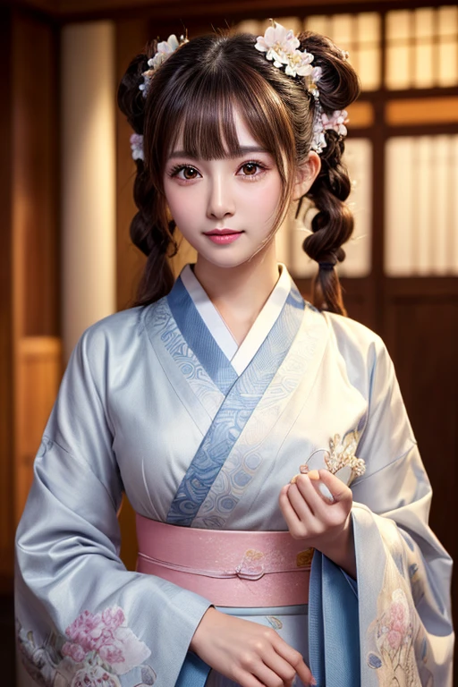 ((Highest quality、masterpiece、8K))、Anatomically correct、Very detailed、High resolution、Realistic、Beautiful white skin、Beautiful, bright, almond-shaped, detailed eyes、Well-formed nose bridge、Intricate details、Sakura pattern kimono、、Twin tails、Cinema Lighting、Close one eye、Wave one hand、Full Body Shot