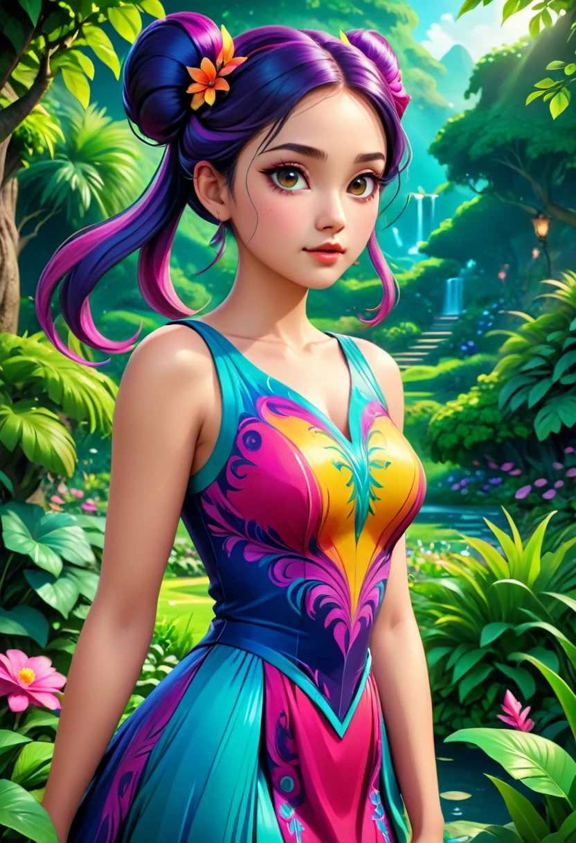 A young woman with long, flowing twin tails, beautiful detailed eyes, beautiful detailed lips, extremely detailed face, long eyelashes, wearing a colorful dress, standing in a lush, vibrant garden, (best quality,4k,8k,highres,masterpiece:1.2),ultra-detailed,(realistic,photorealistic,photo-realistic:1.37),detailed fantasy landscape, intricate details, vibrant colors, soft lighting, cinematic composition, dreamlike atmosphere