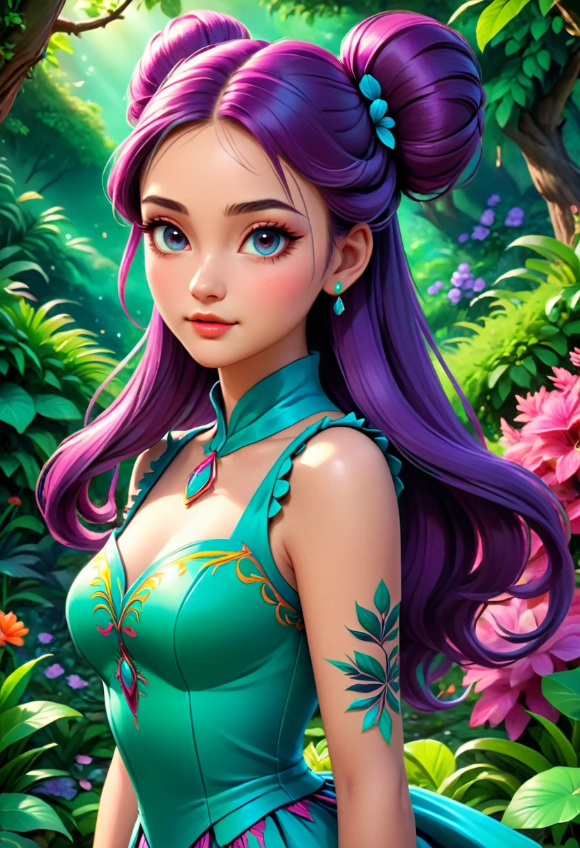 A young woman with long, flowing twin tails, beautiful detailed eyes, beautiful detailed lips, extremely detailed face, long eyelashes, wearing a colorful dress, standing in a lush, vibrant garden, (best quality,4k,8k,highres,masterpiece:1.2),ultra-detailed,(realistic,photorealistic,photo-realistic:1.37),detailed fantasy landscape, intricate details, vibrant colors, soft lighting, cinematic composition, dreamlike atmosphere