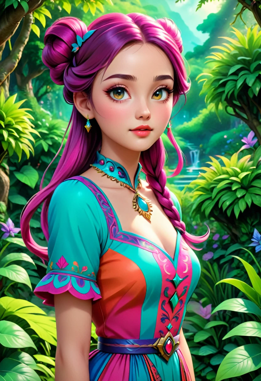 A young woman with long, flowing twin tails, beautiful detailed eyes, beautiful detailed lips, extremely detailed face, long eyelashes, wearing a colorful dress, standing in a lush, vibrant garden, (best quality,4k,8k,highres,masterpiece:1.2),ultra-detailed,(realistic,photorealistic,photo-realistic:1.37),detailed fantasy landscape, intricate details, vibrant colors, soft lighting, cinematic composition, dreamlike atmosphere