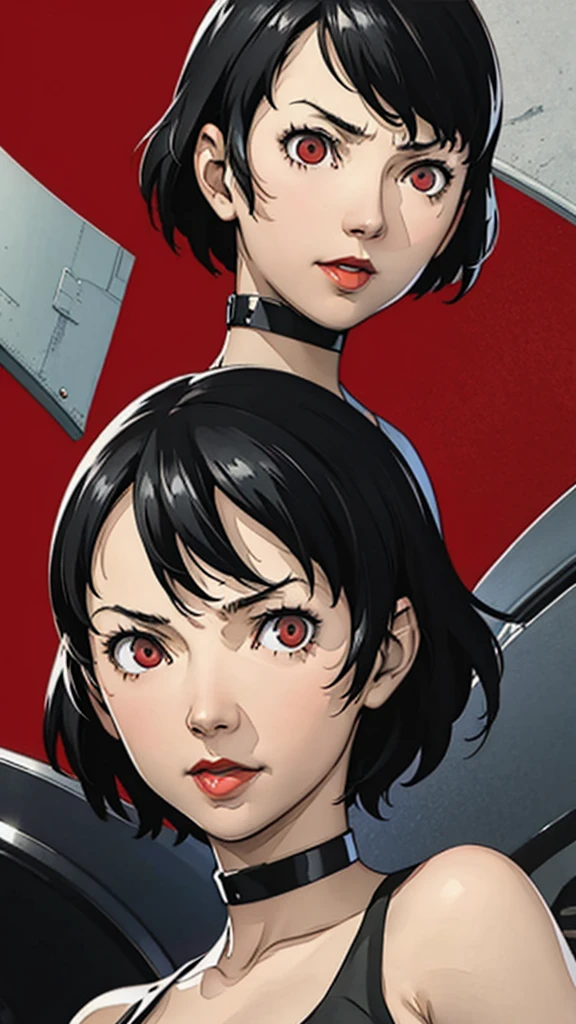 1 girl, very Short hair, black hair, red eyes, lipstick, black choker, face portrait, tank top, shigenori soejima style