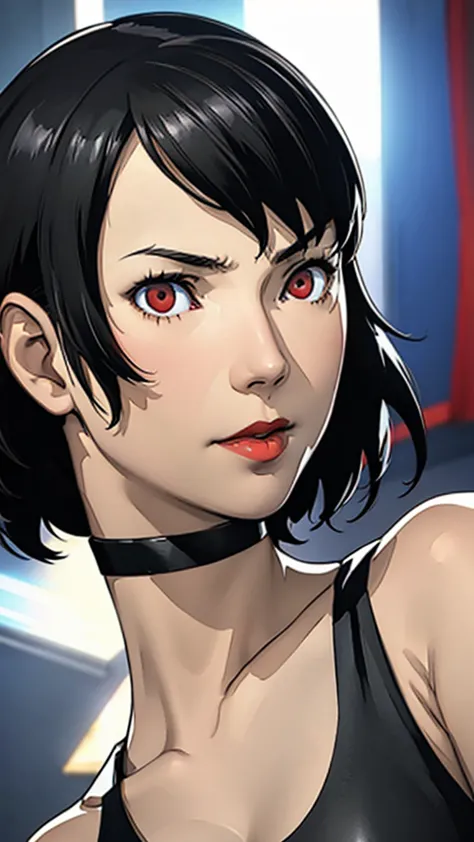 1 girl, very short hair, black hair, red eyes, lipstick, black choker, face portrait, tank top, shigenori soejima style