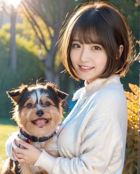 Being with a dog、A girl and a dog warming themselves by a bonfire、Lens flare、Hair blowing in the wind、Medium Short Hair、、Express...