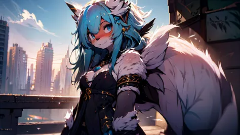 Miku Hatsune x Aloy Forbidden Horizon Dragon West Armor Tenack, add high definition_detail:1, blue fur,kitsune ears, tribal tatt...