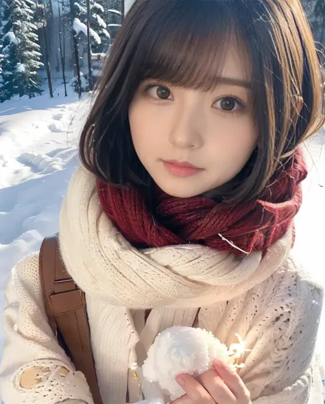 Girl warming herself by the bonfire Lens flare、Hair blowing in the wind、Medium Short Hair、Fluffy scarf in warm colors、Expressing...