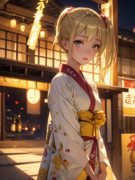 kyoko , kimono night in firework , blonde hair, pigtailed haired , yellowish eyes